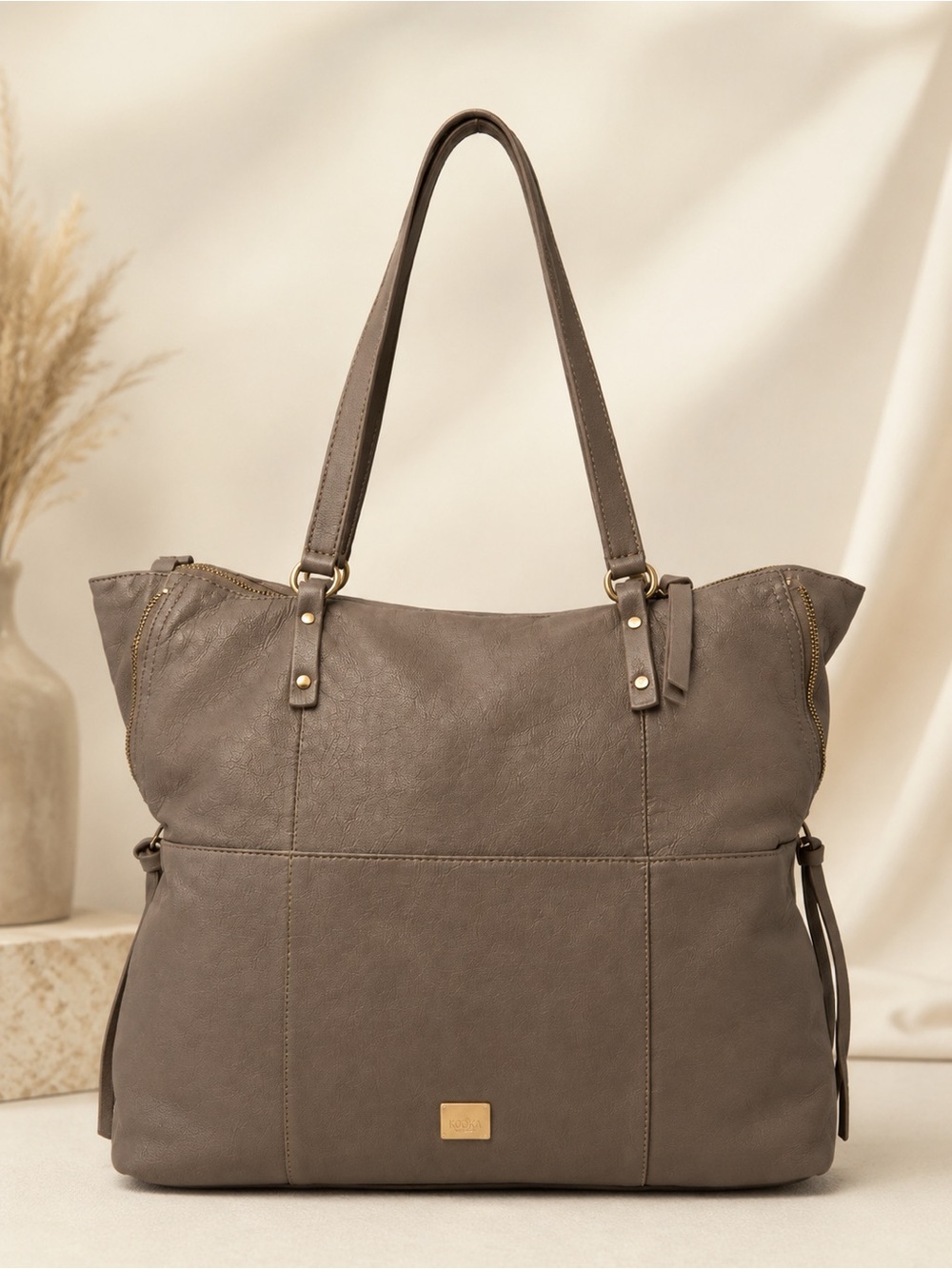 Kooba Taupe Leather Hobo Tote Shoulder Bag Large Slouchy Work Purse